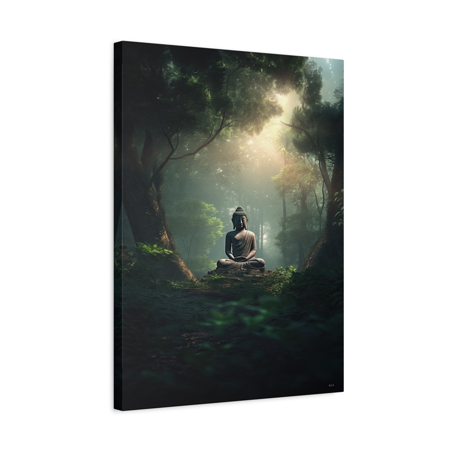 Buddha statue sitting amidst a lush green forest (Landscape, Stretched, 1.25")