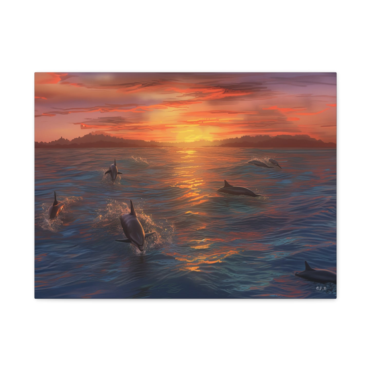 Dolphins at Sunset oil painting (Landscape, Stretched)