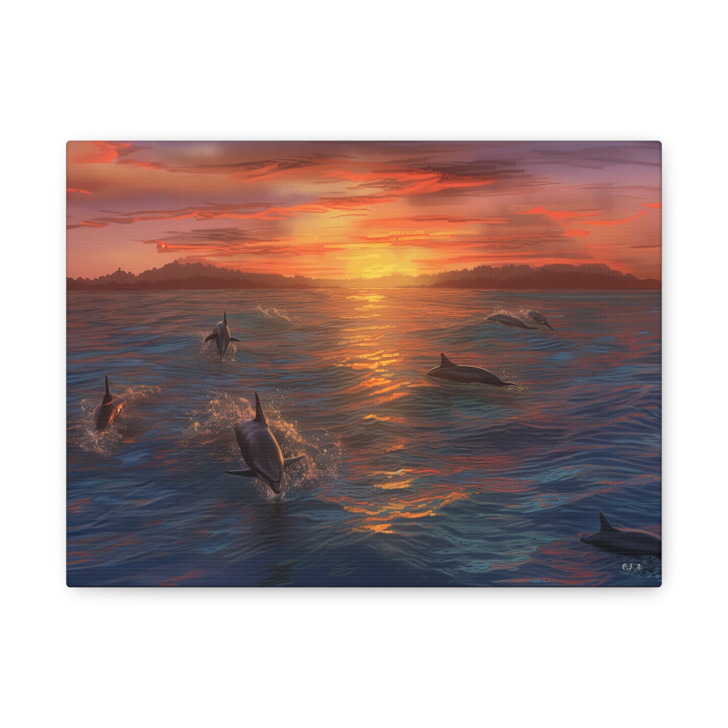 Dolphins at Sunset oil painting (Landscape, Stretched)