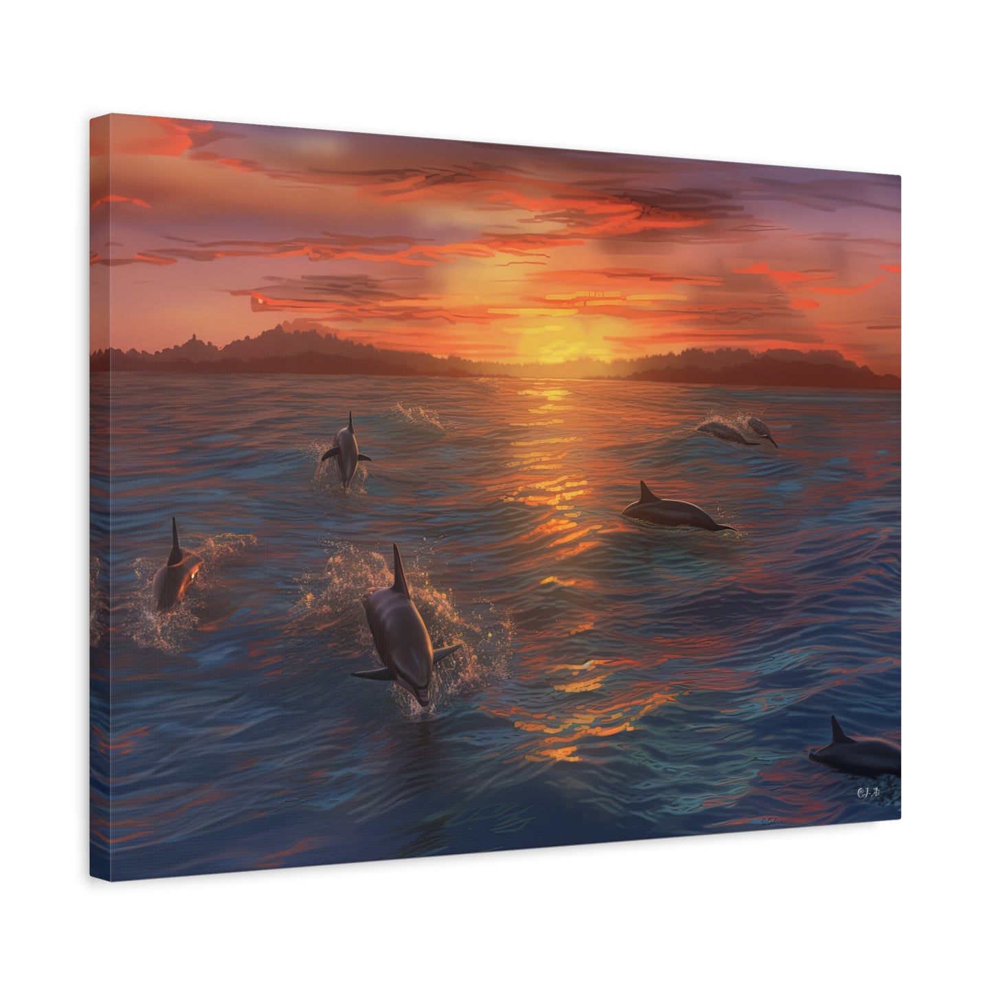 Dolphins at Sunset oil painting (Landscape, Stretched)