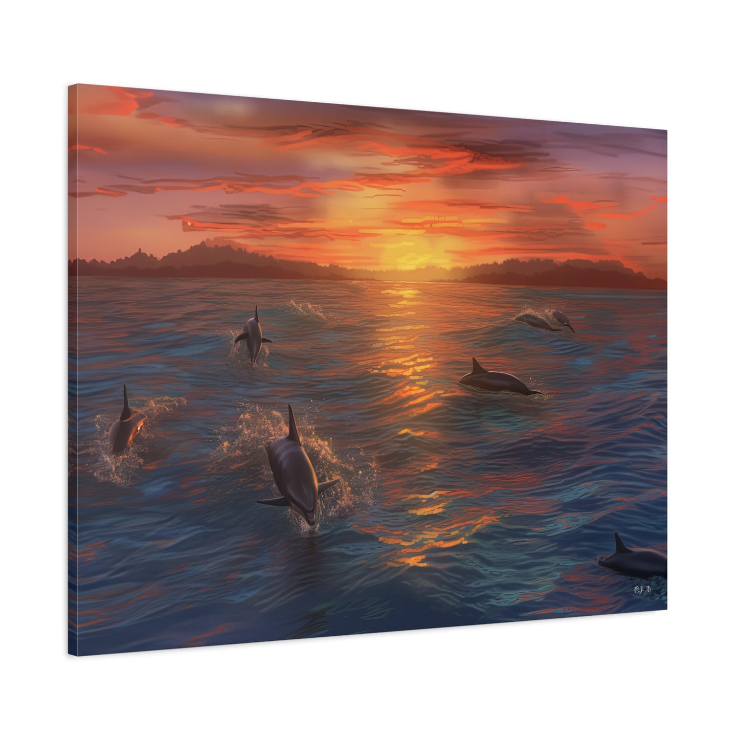 Dolphins at Sunset oil painting (Landscape, Stretched)