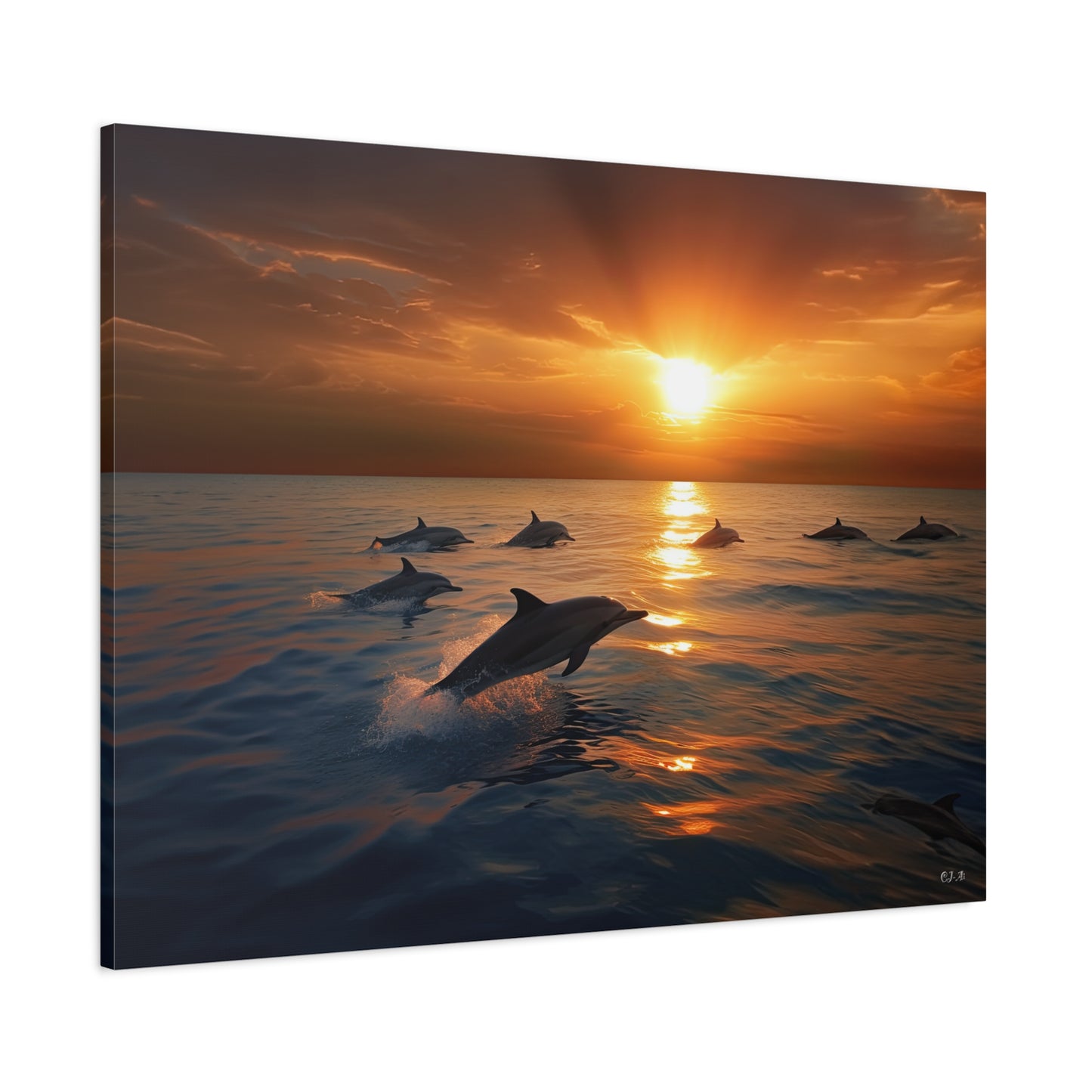 Dolphins at Sunset (Landscape, Stretched)