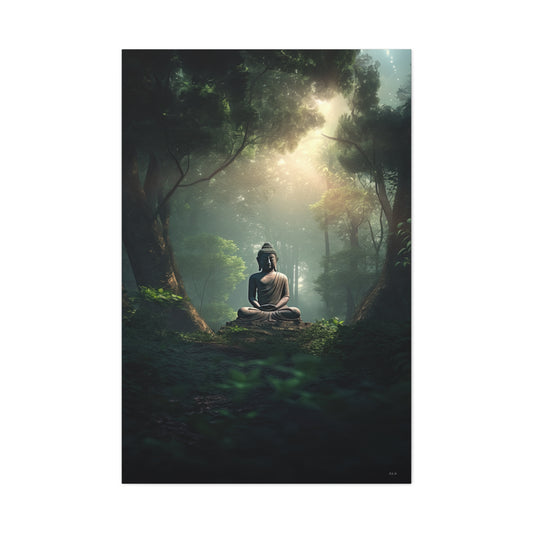 Buddha statue sitting amidst a lush green forest (Landscape, Stretched, 1.25")