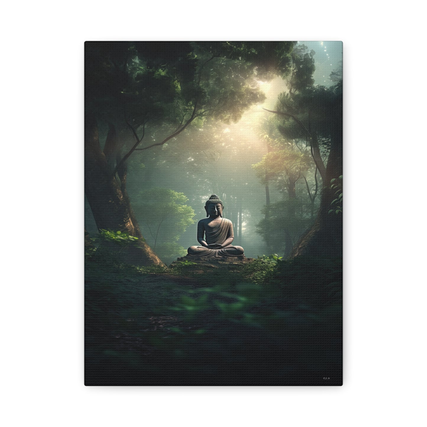 Buddha statue sitting amidst a lush green forest (Landscape, Stretched, 1.25")