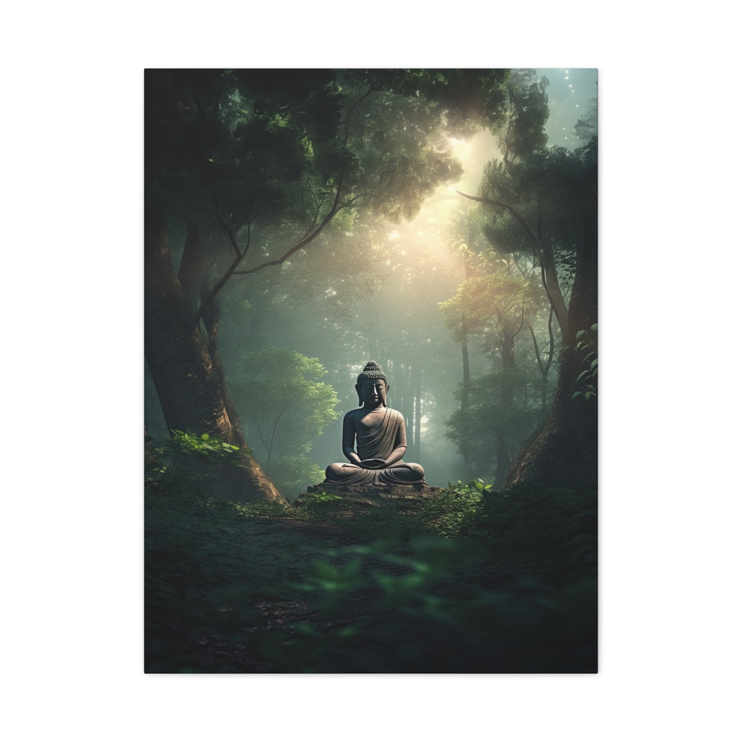 Buddha statue sitting amidst a lush green forest (Landscape, Stretched, 1.25")