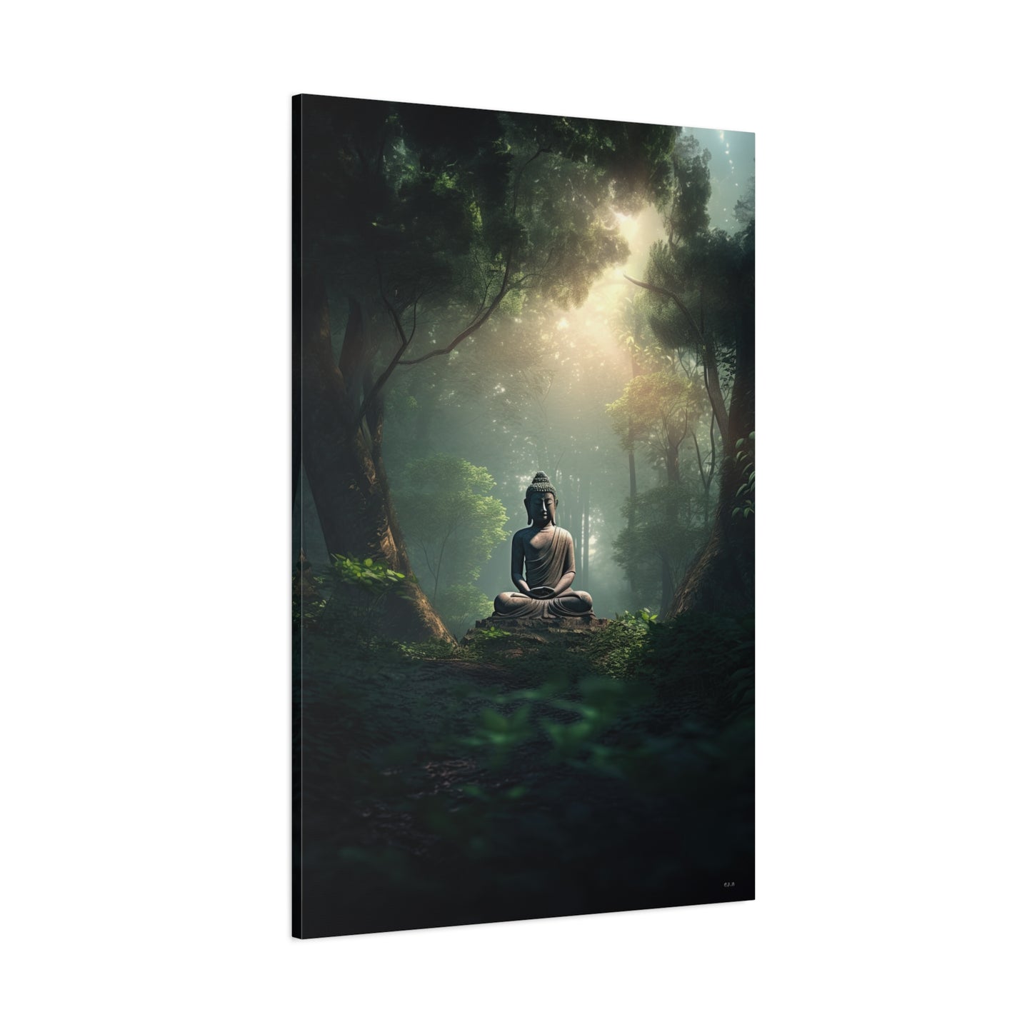 Buddha statue sitting amidst a lush green forest (Landscape, Stretched, 1.25")