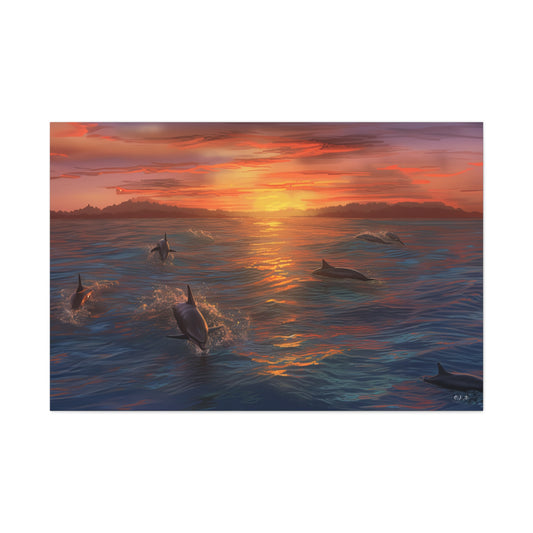 Dolphins at Sunset oil painting (Landscape, Stretched)