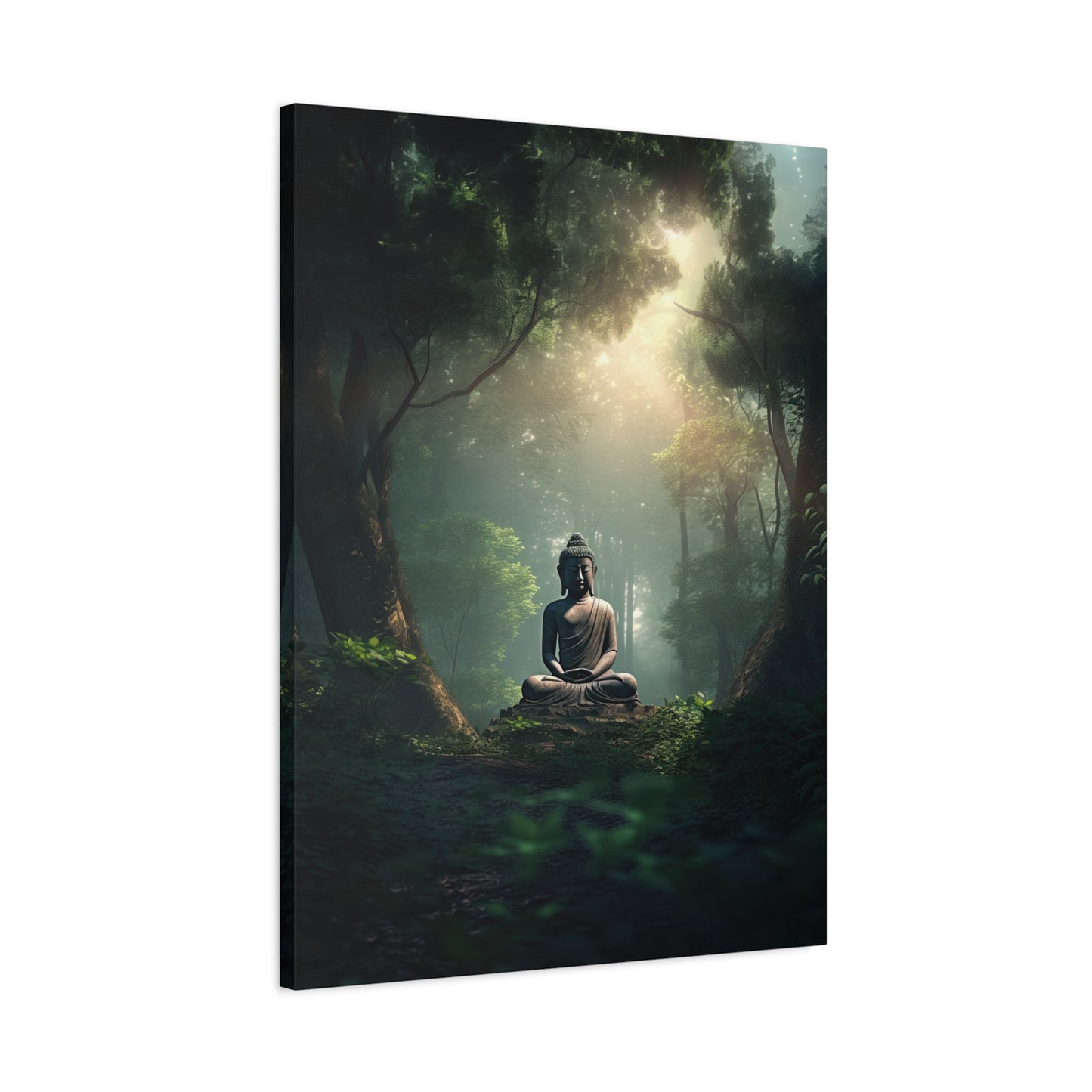 Buddha statue sitting amidst a lush green forest (Landscape, Stretched, 1.25")