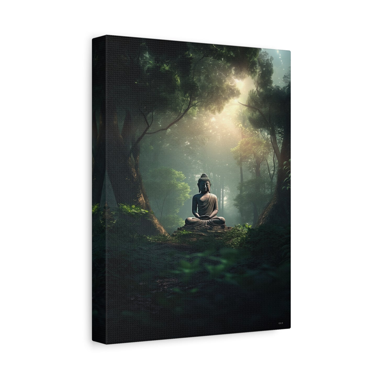 Buddha statue sitting amidst a lush green forest (Landscape, Stretched, 1.25")