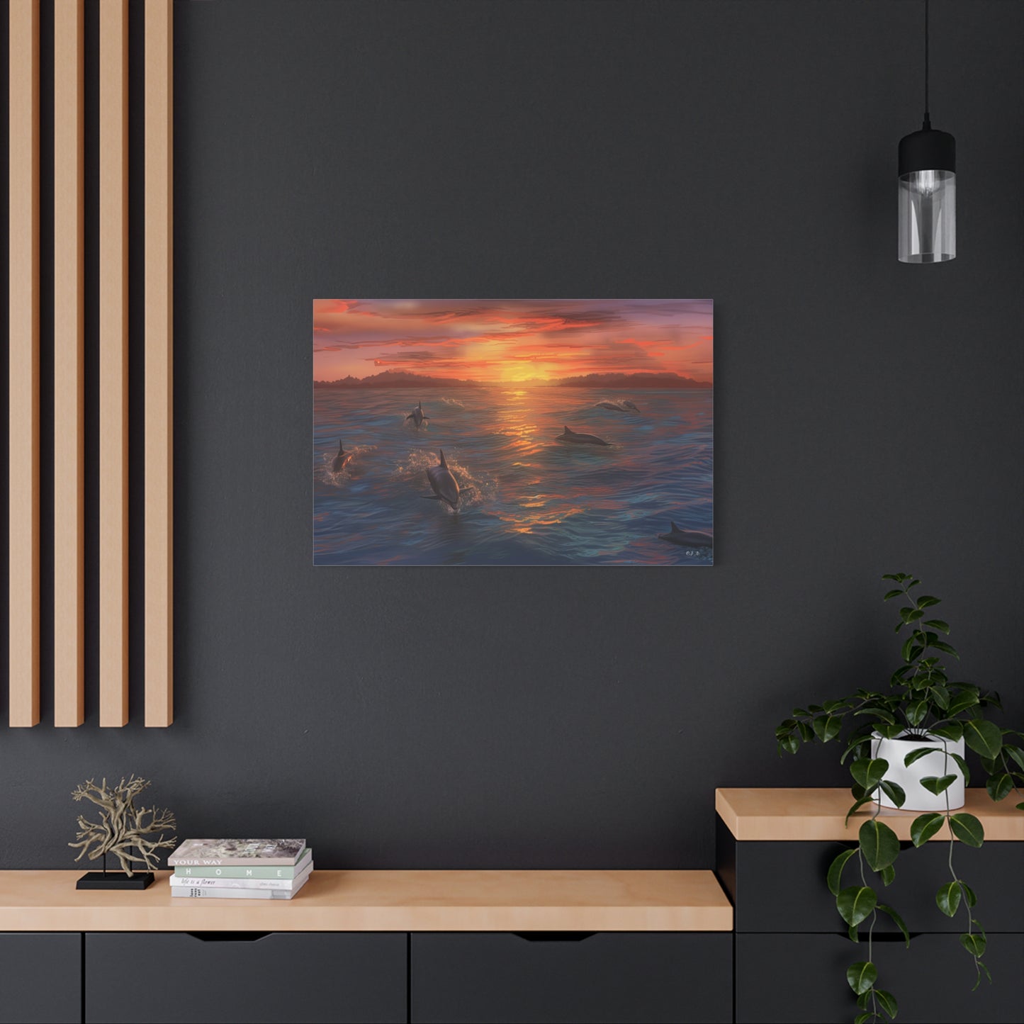 Dolphins at Sunset oil painting (Landscape, Stretched)