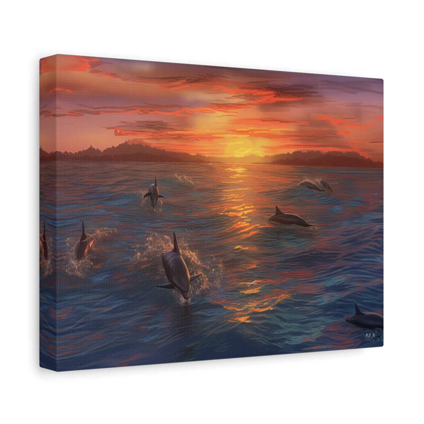 Dolphins at Sunset oil painting (Landscape, Stretched)