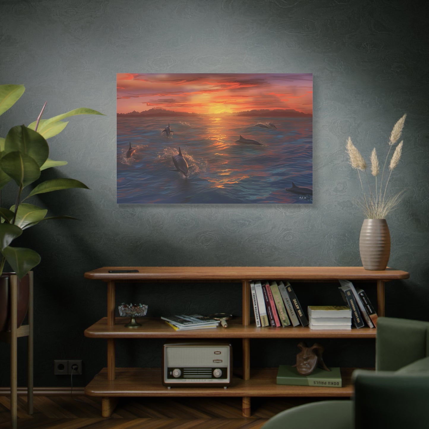 Dolphins at Sunset oil painting (Landscape, Stretched)