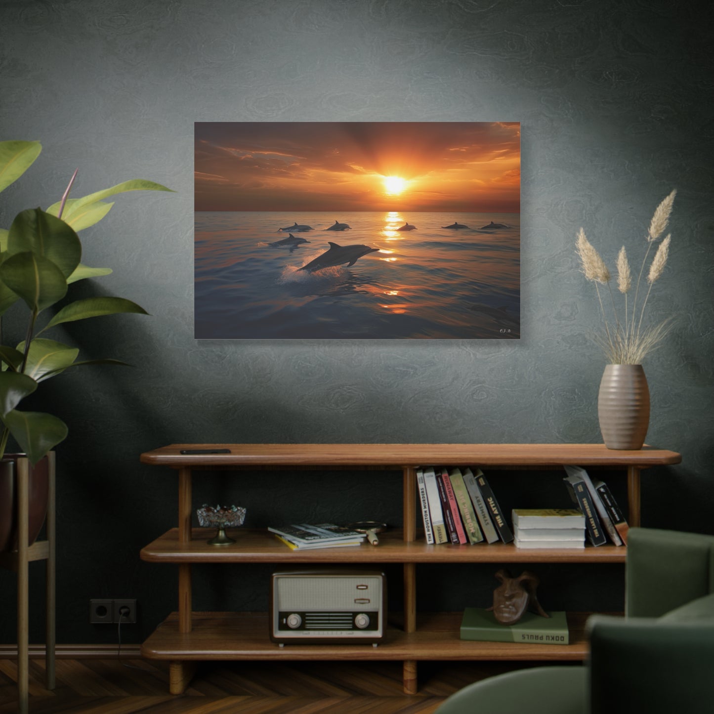 Dolphins at Sunset (Landscape, Stretched)