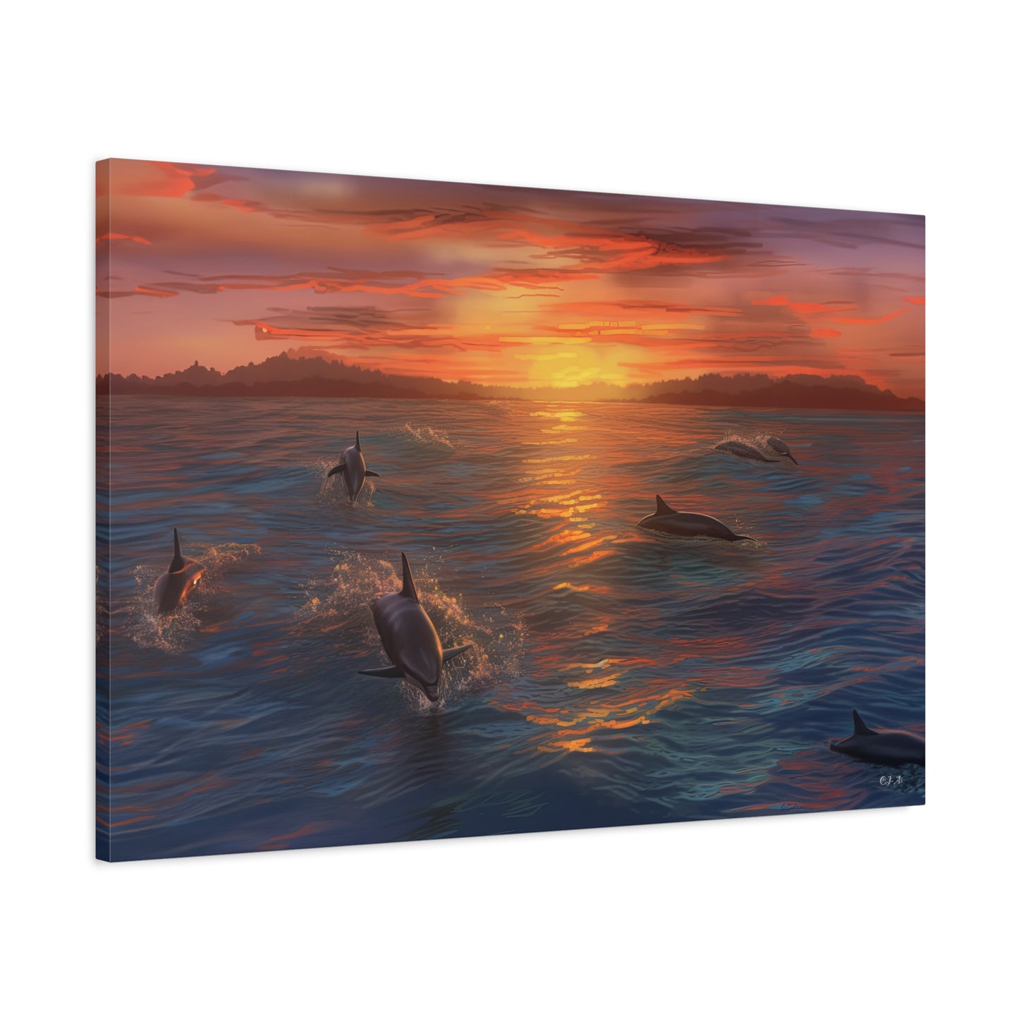 Dolphins at Sunset oil painting (Landscape, Stretched)