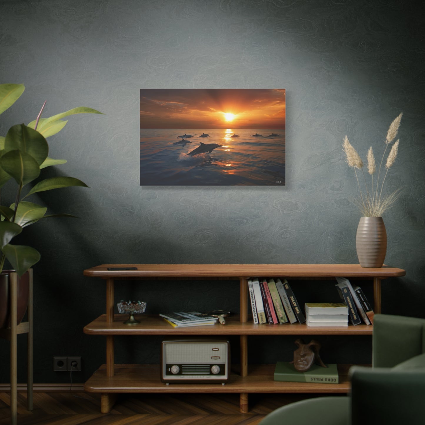 Dolphins at Sunset (Landscape, Stretched)