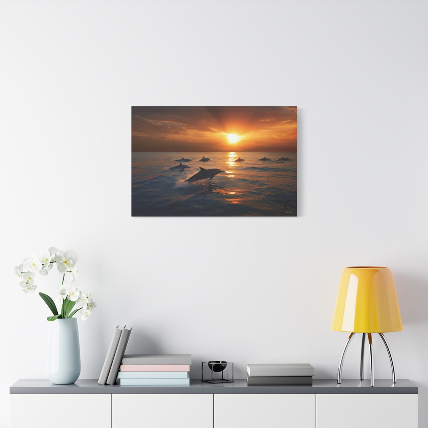 Dolphins at Sunset (Landscape, Stretched)