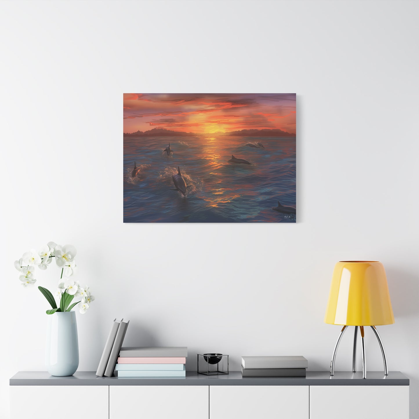 Dolphins at Sunset oil painting (Landscape, Stretched)