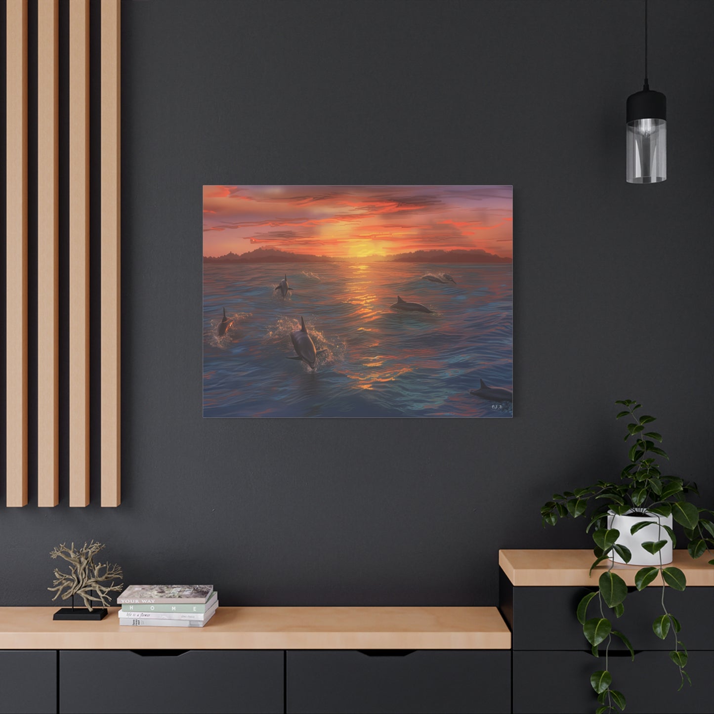 Dolphins at Sunset oil painting (Landscape, Stretched)