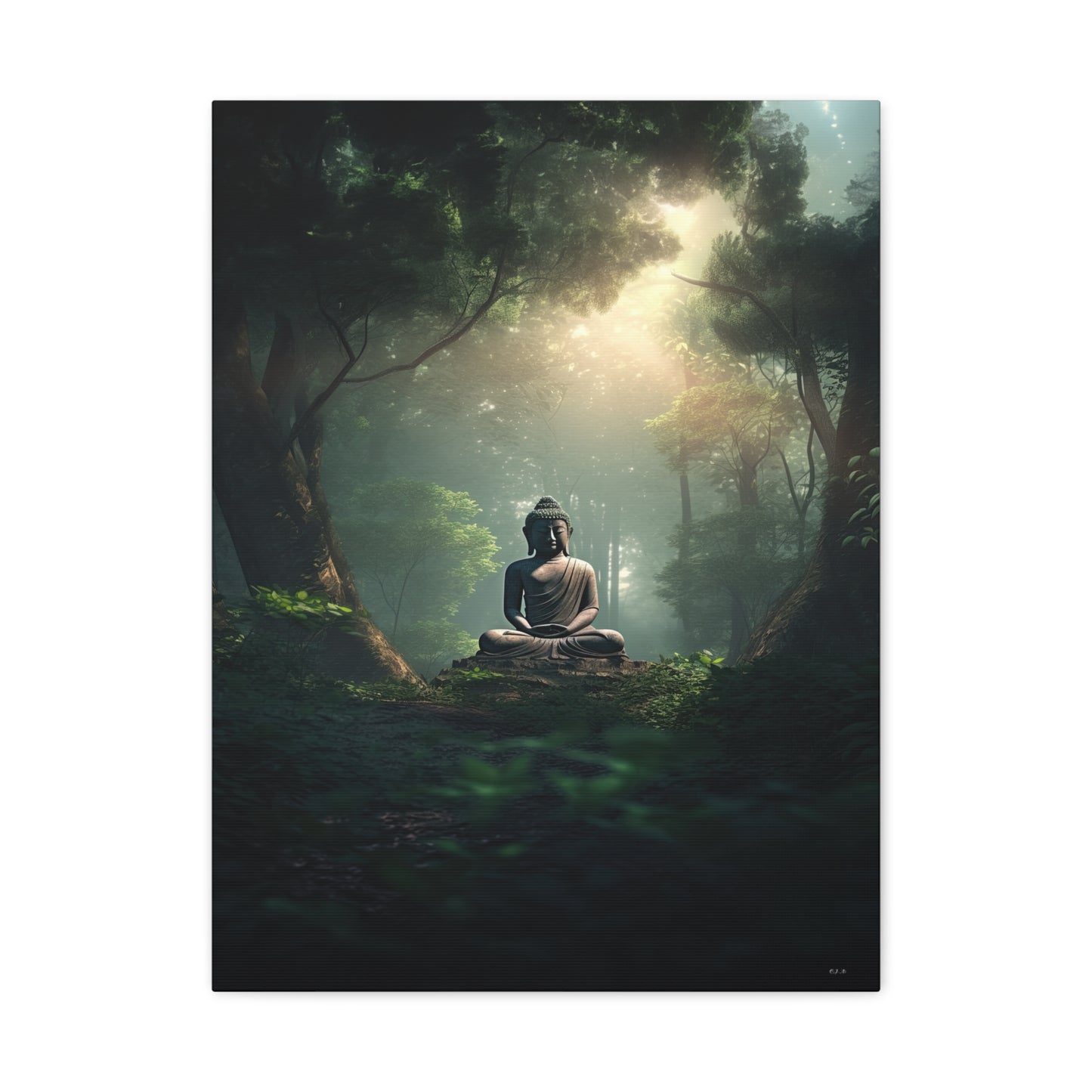 Buddha statue sitting amidst a lush green forest (Landscape, Stretched, 1.25")