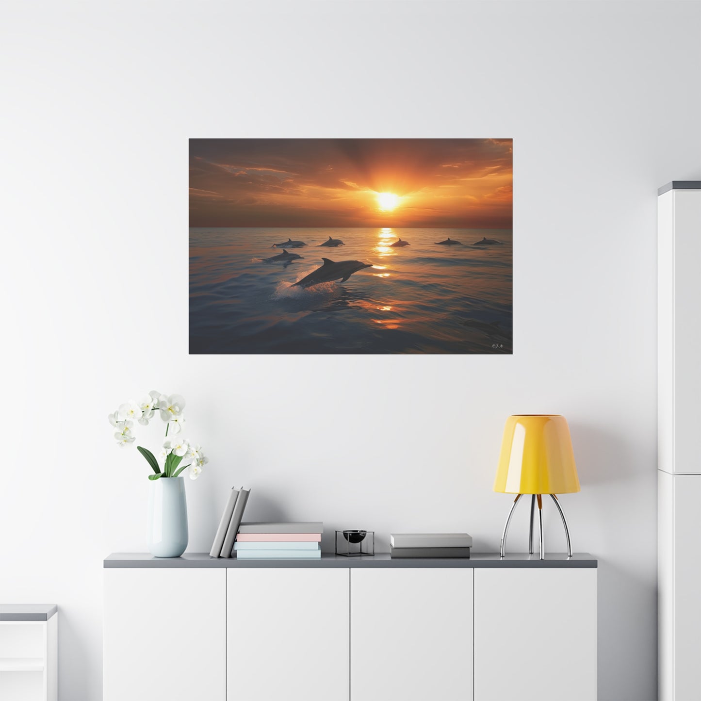 Dolphins at Sunset (Landscape, Stretched)