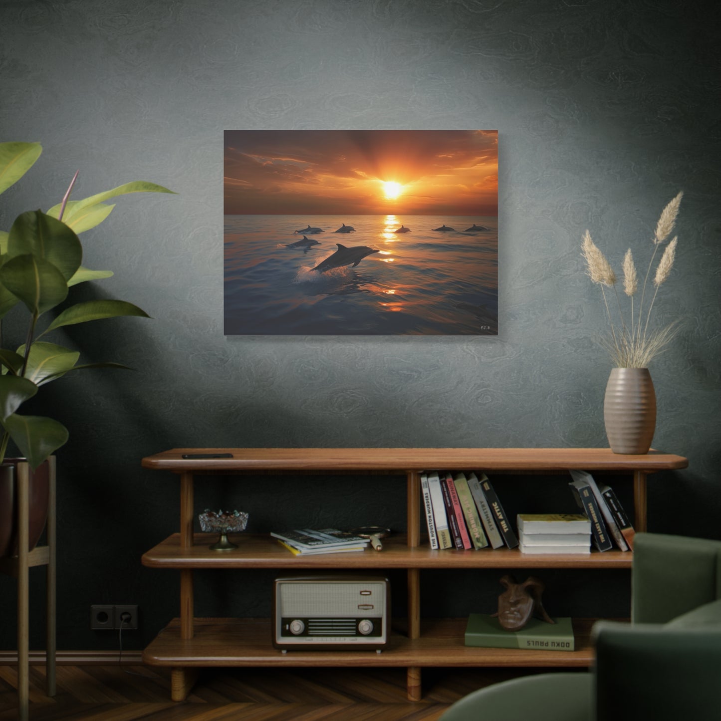 Dolphins at Sunset (Landscape, Stretched)