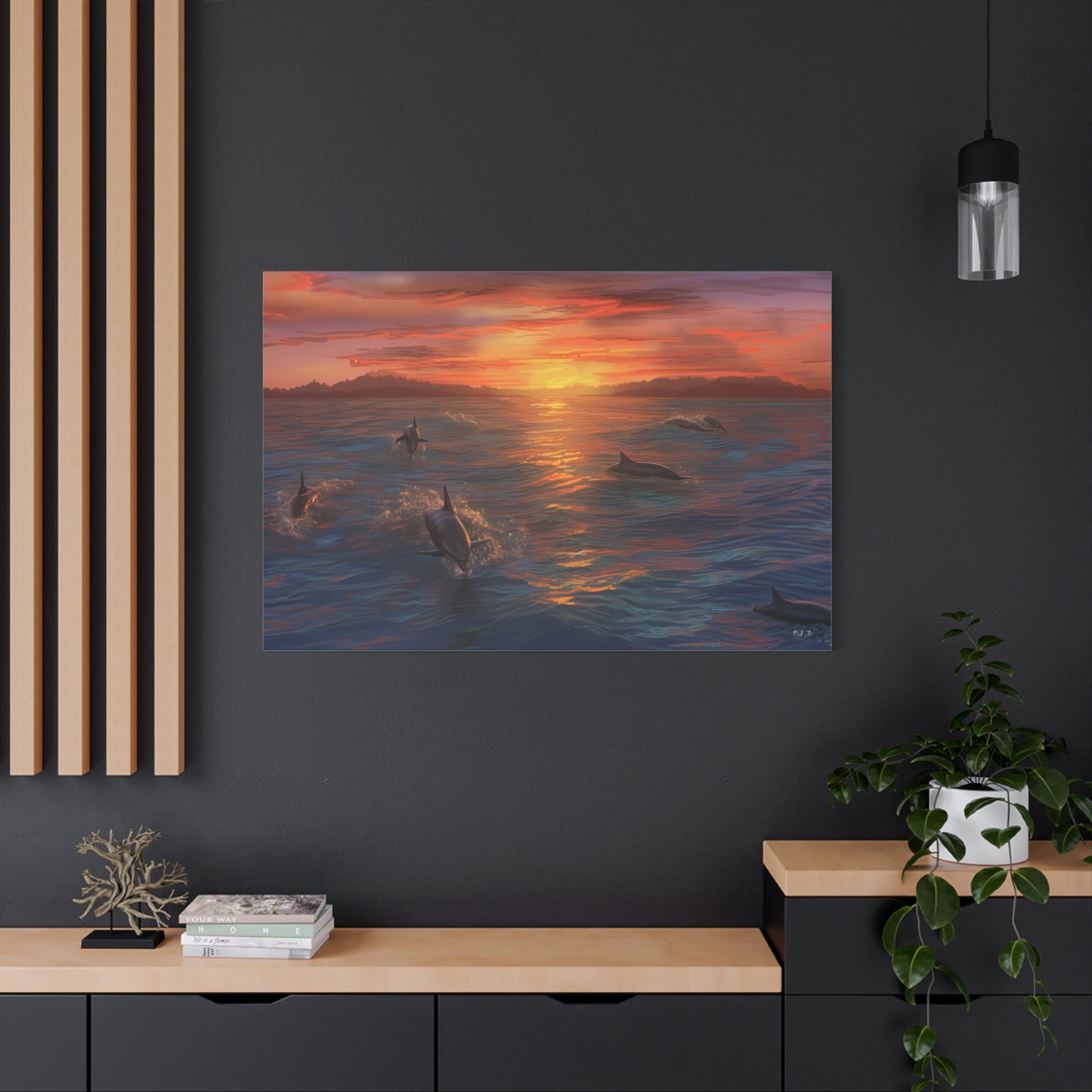 Dolphins at Sunset oil painting (Landscape, Stretched)